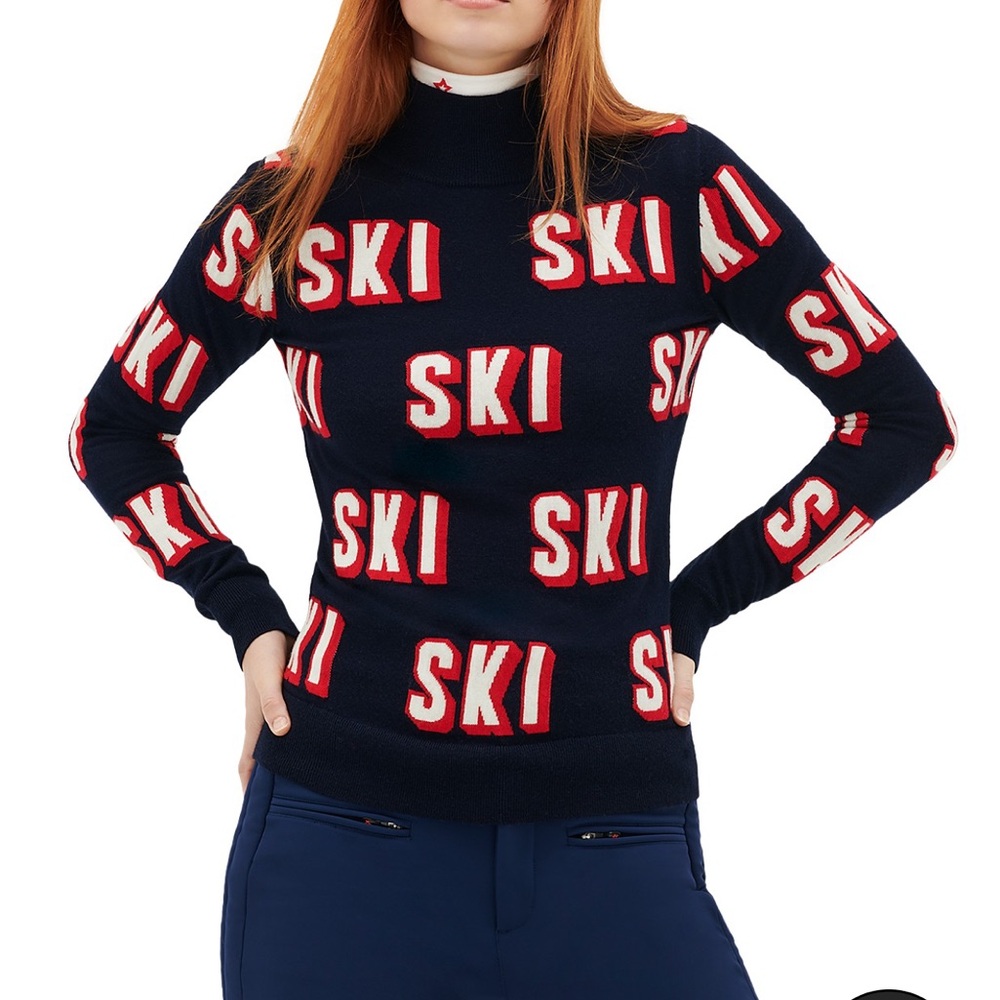 NWT perfect moment 3D  merino wool sweater in ski print navy
